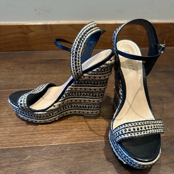 Schutz Black and Natural Espadrille Wedge Sandals with Stud Accents - Picture 3 of 11